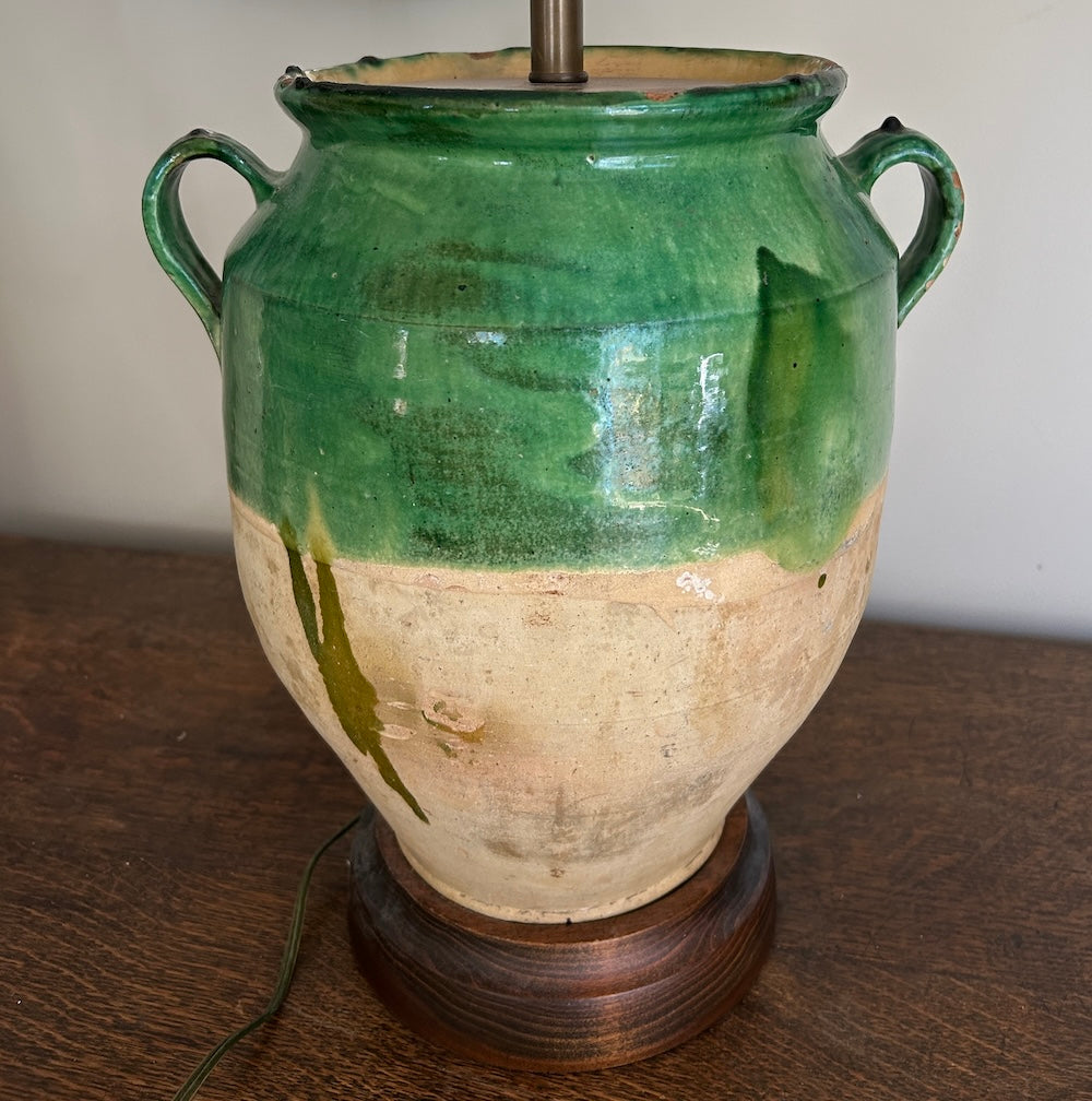 A 19th c. French Provincial Green Glazed Confit Jar, Converted to a Lamp