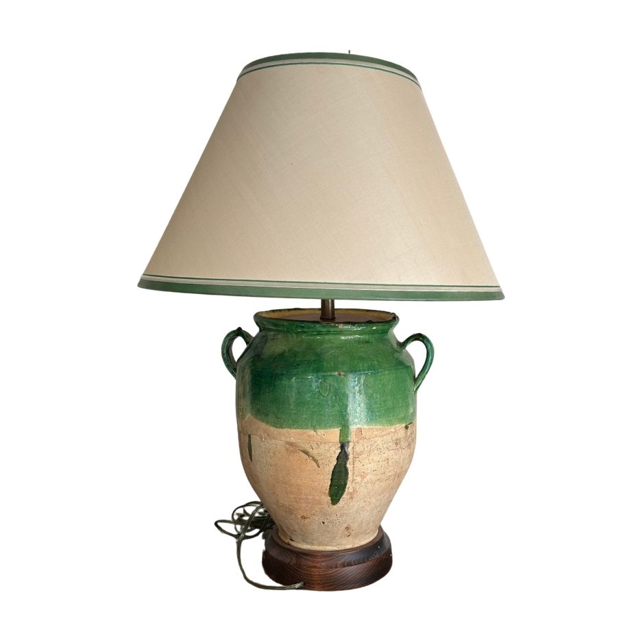 A 19th c. French Provincial Green Glazed Confit Jar, Converted to a Lamp