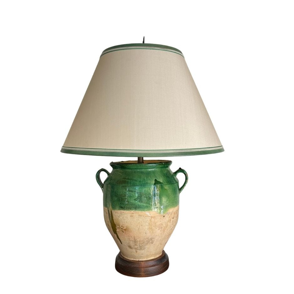 A 19th c. French Provincial Green Glazed Confit Jar, Converted to a Lamp