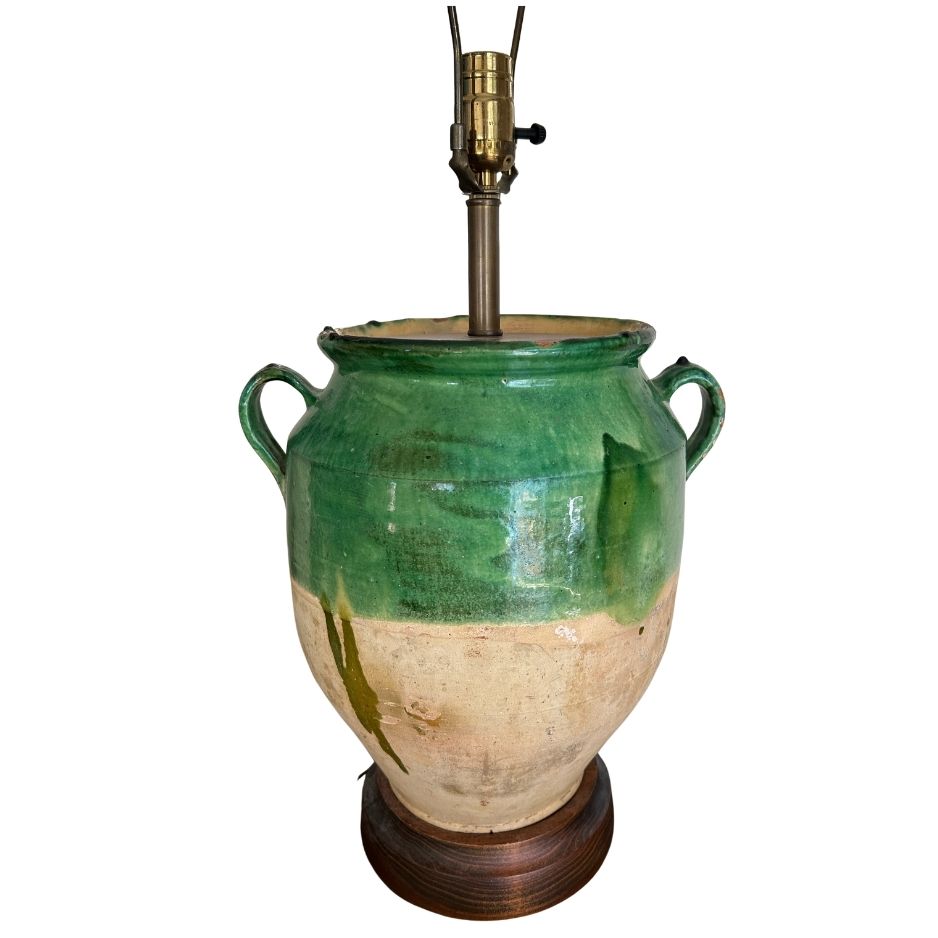 A 19th c. French Provincial Green Glazed Confit Jar, Converted to a Lamp