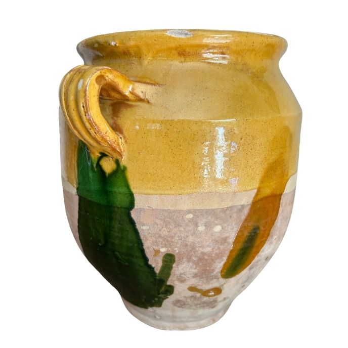 A 19th c. French Provincial Terra Cotta Yellow Ochre and Green Glazed Confit Jar