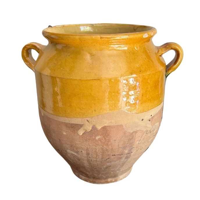 A 19th c. French Provincial Terra Cotta Yellow Ochre and Green Glazed Confit Jar