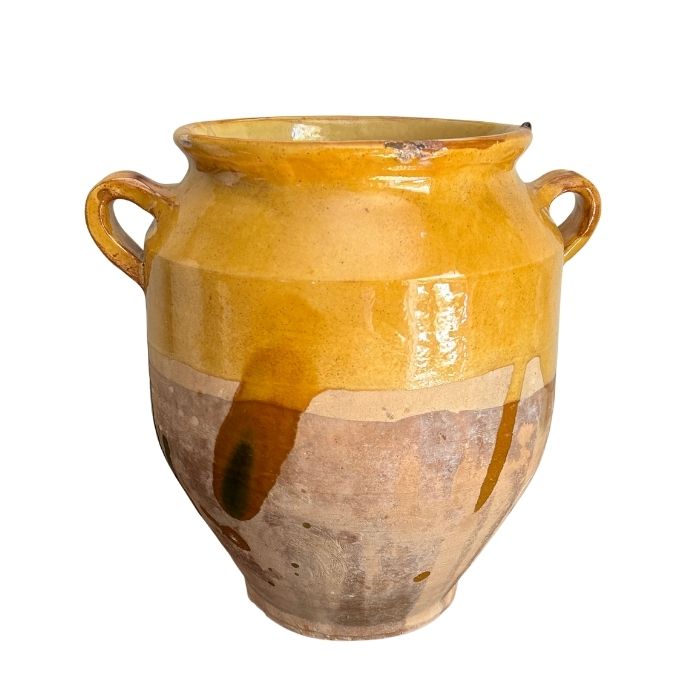 A 19th c. French Provincial Terra Cotta Yellow Ochre and Green Glazed Confit Jar