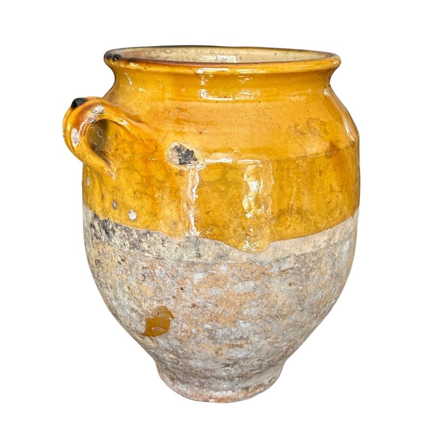 A 19th c. French Provincial Terra Cotta Yellow Ochre and Green Glazed Confit Jar