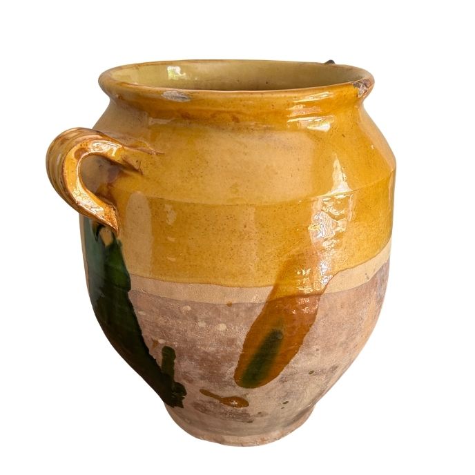 A 19th c. French Provincial Terra Cotta Yellow Ochre and Green Glazed Confit Jar