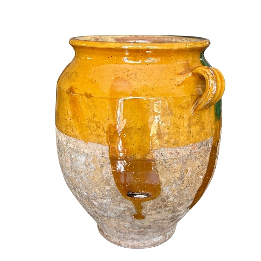 A 19th c. French Provincial Terra Cotta Yellow Ochre and Green Glazed Confit Jar