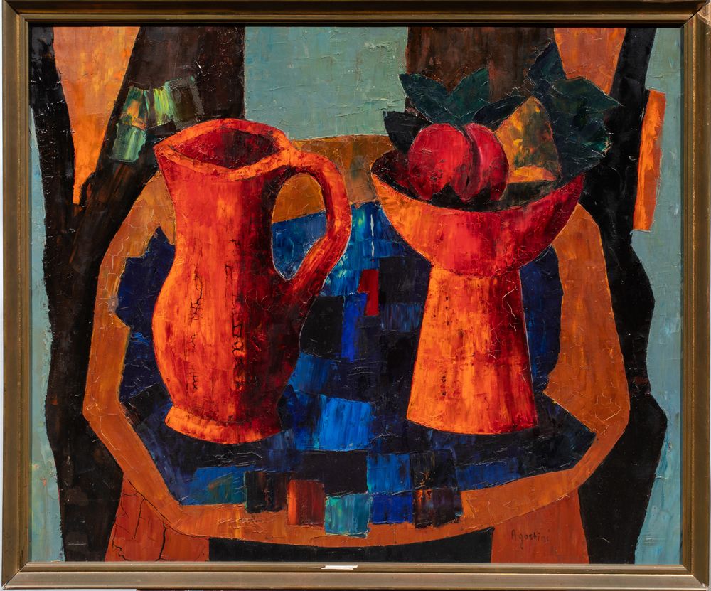 Tony Agostini Modernist Painting, Still Life With Pitcher, Vase and Fruit