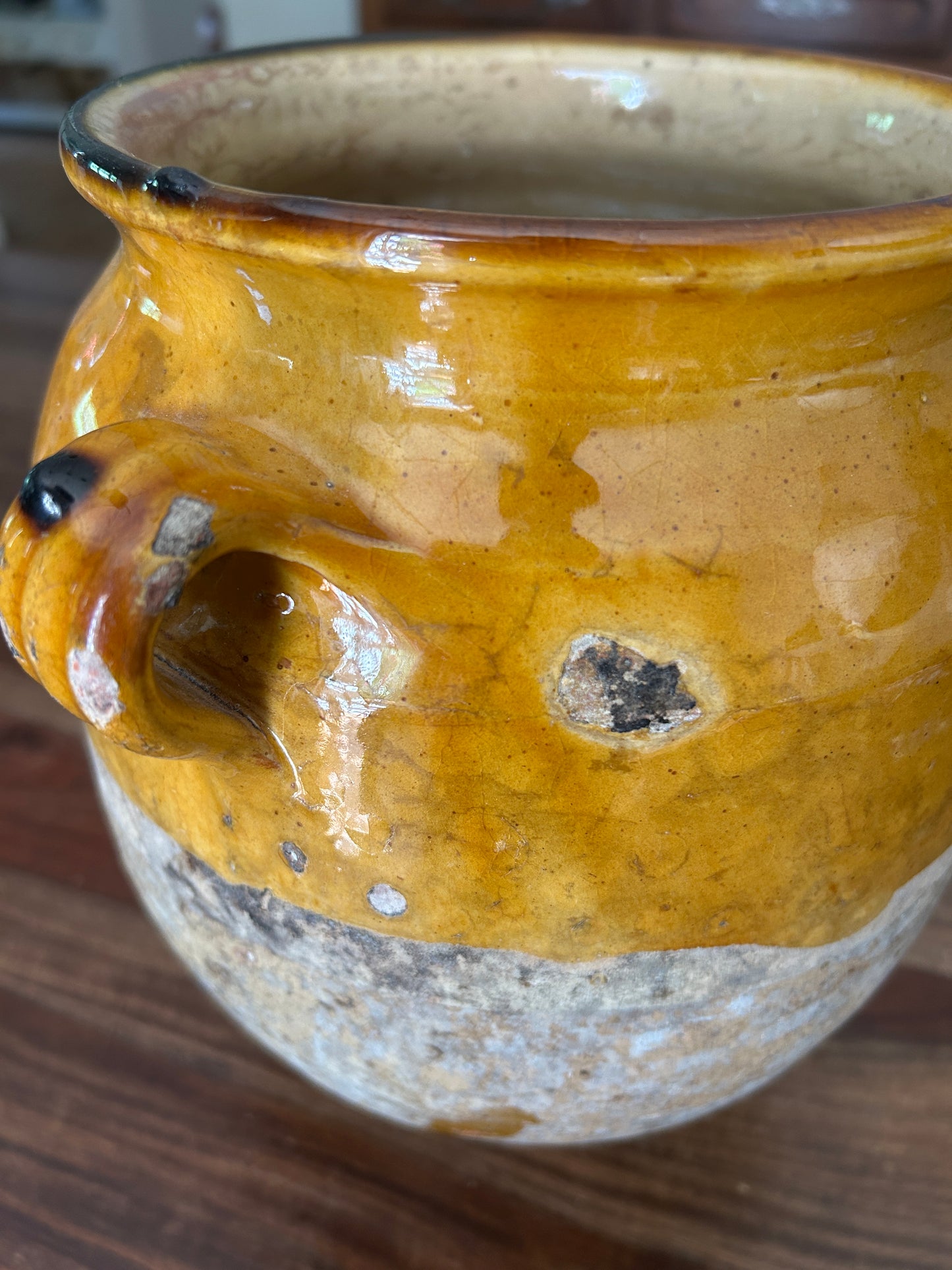 A 19th c. French Provincial Terra Cotta Yellow Ochre and Green Glazed Confit Jar