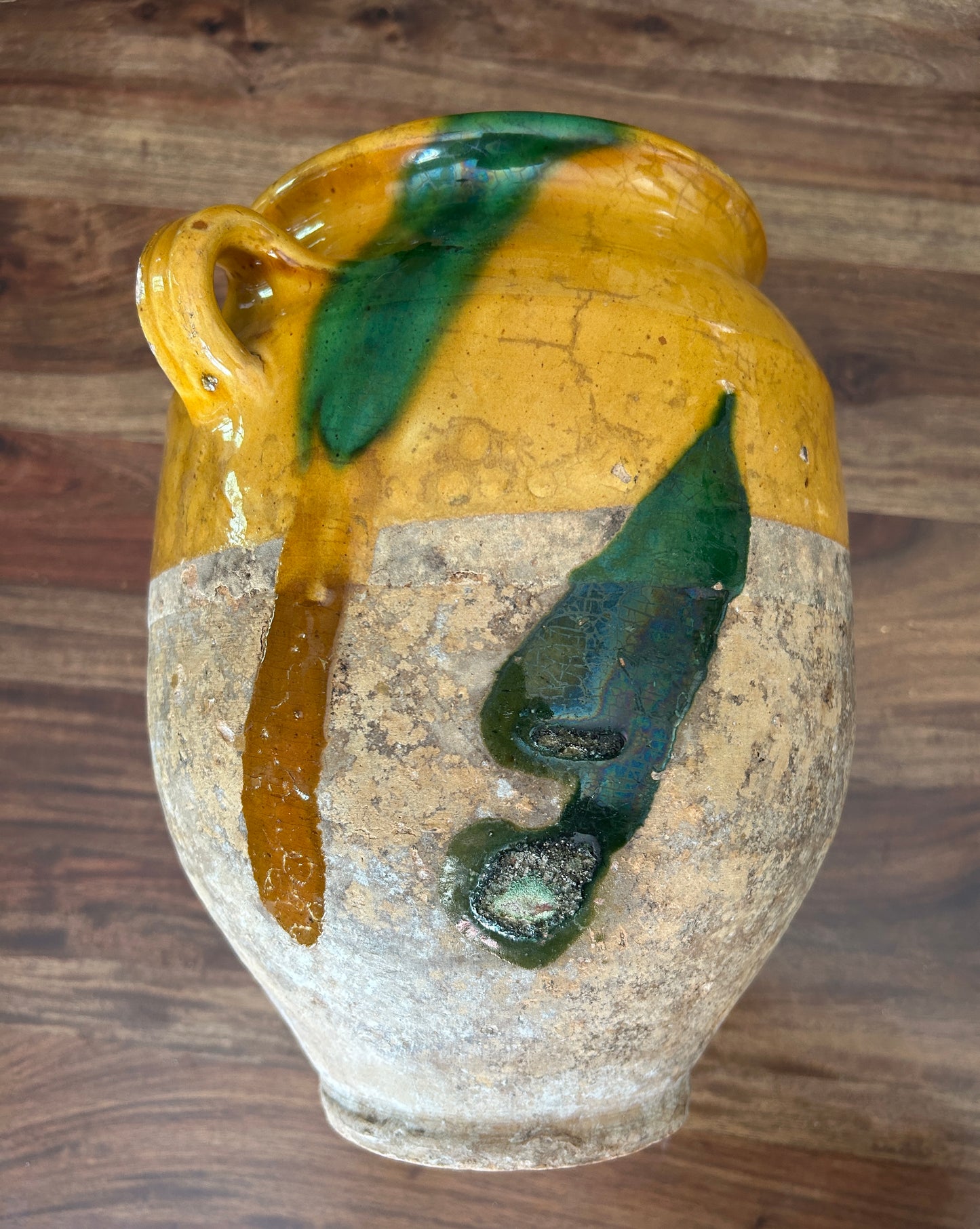 A 19th c. French Provincial Terra Cotta Yellow Ochre and Green Glazed Confit Jar