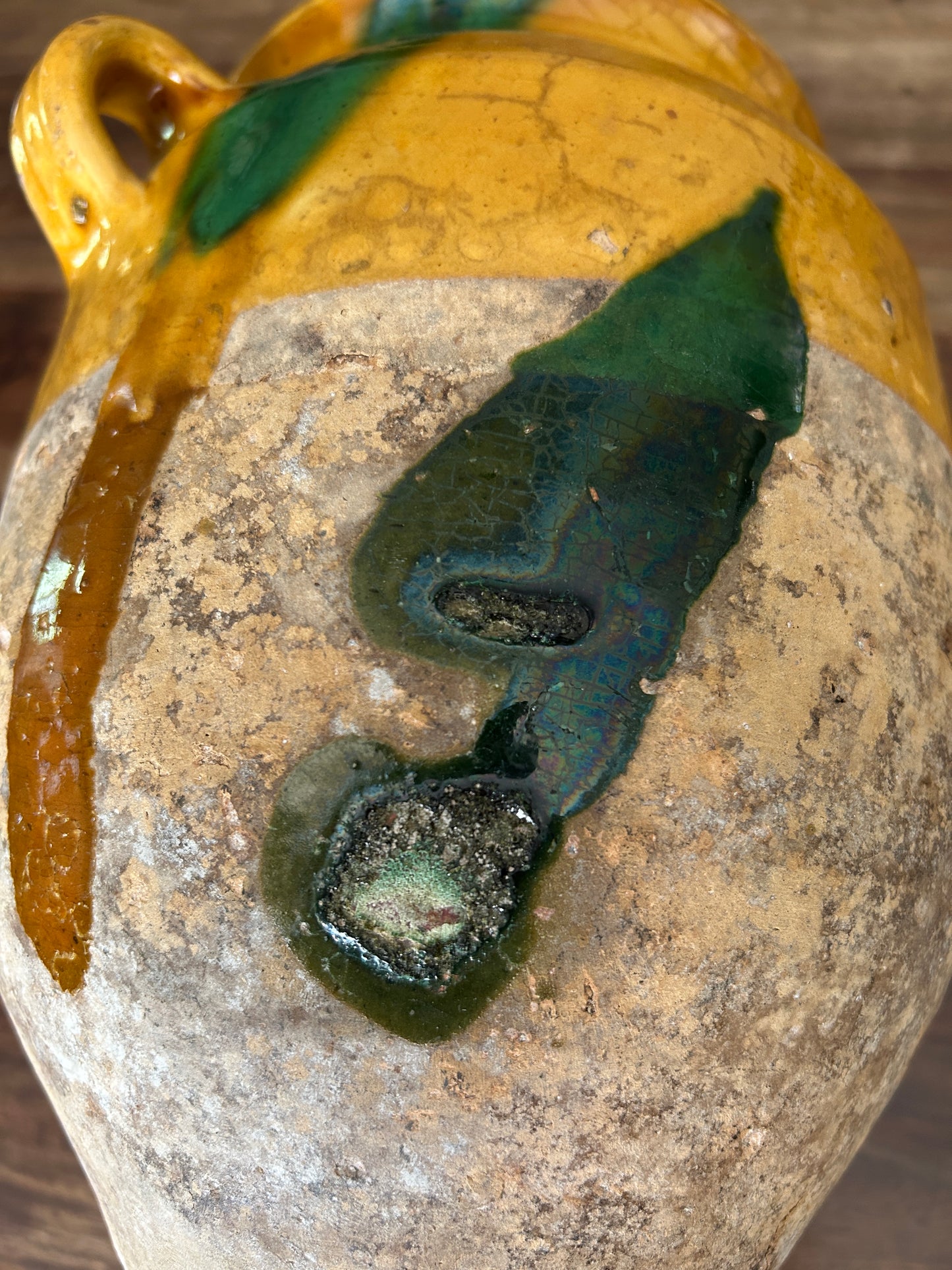 A 19th c. French Provincial Terra Cotta Yellow Ochre and Green Glazed Confit Jar