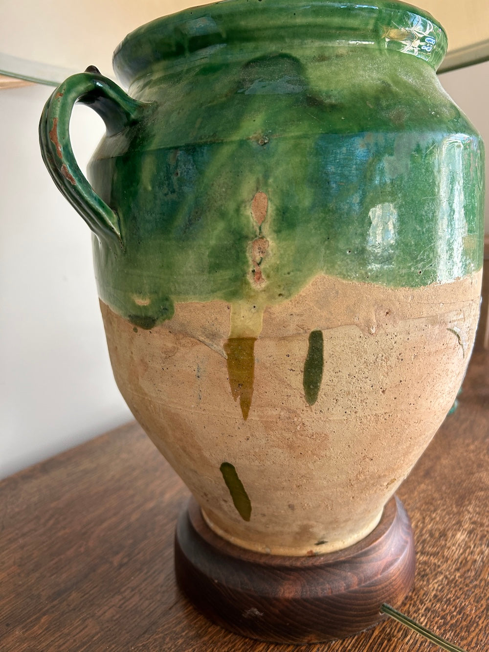 A 19th c. French Provincial Green Glazed Confit Jar, Converted to a Lamp