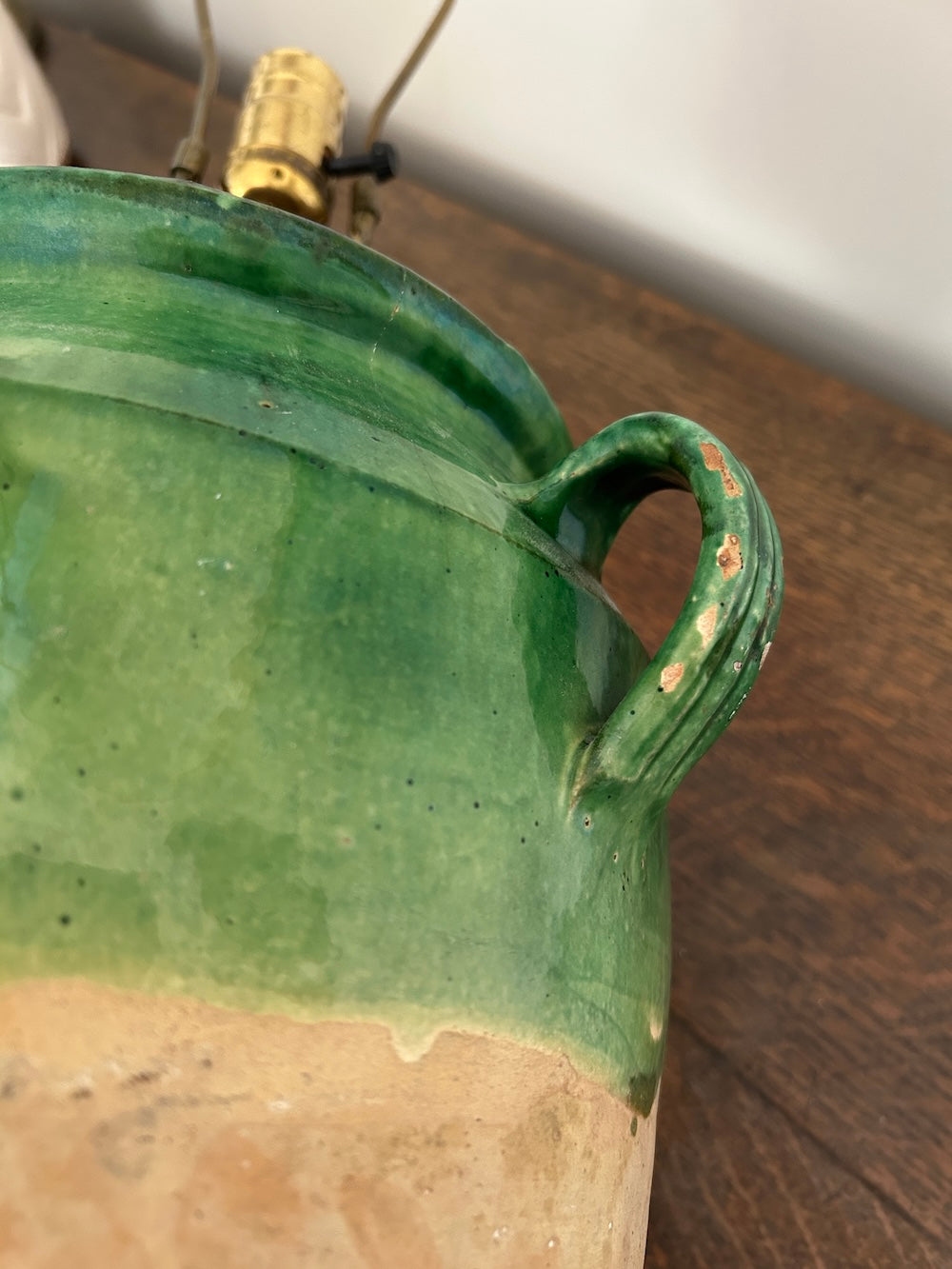 A 19th c. French Provincial Green Glazed Confit Jar, Converted to a Lamp