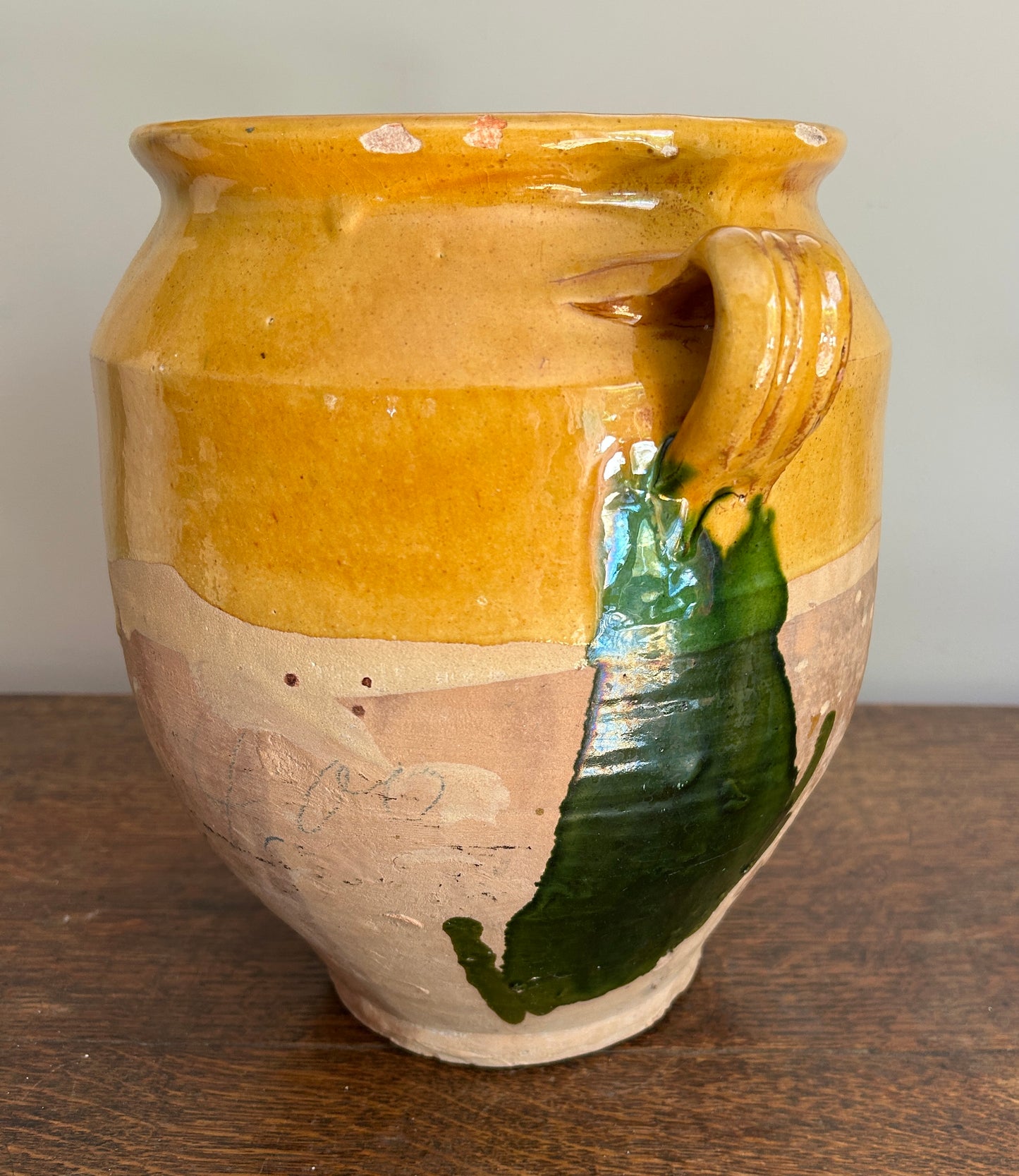 A 19th c. French Provincial Terra Cotta Yellow Ochre and Green Glazed Confit Jar