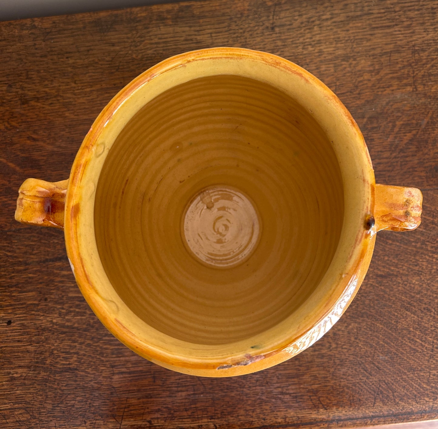 A 19th c. French Provincial Terra Cotta Yellow Ochre and Green Glazed Confit Jar
