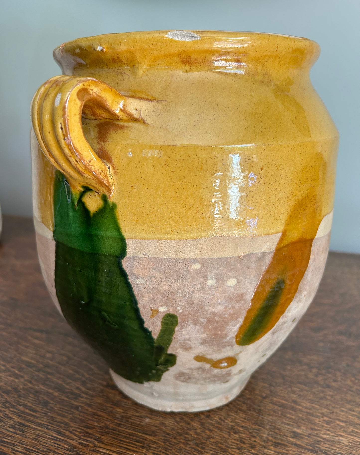 A 19th c. French Provincial Terra Cotta Yellow Ochre and Green Glazed Confit Jar
