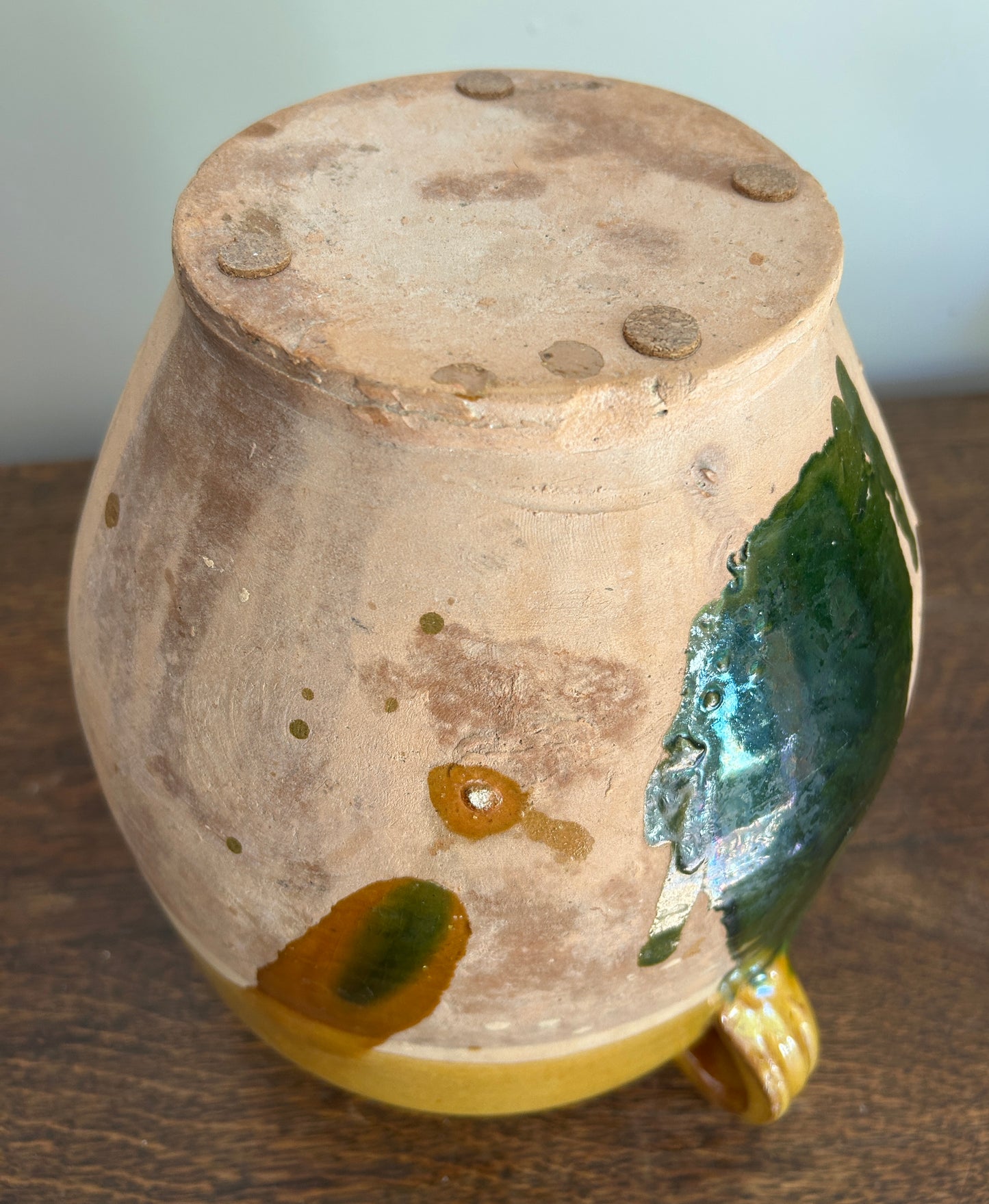 A 19th c. French Provincial Terra Cotta Yellow Ochre and Green Glazed Confit Jar