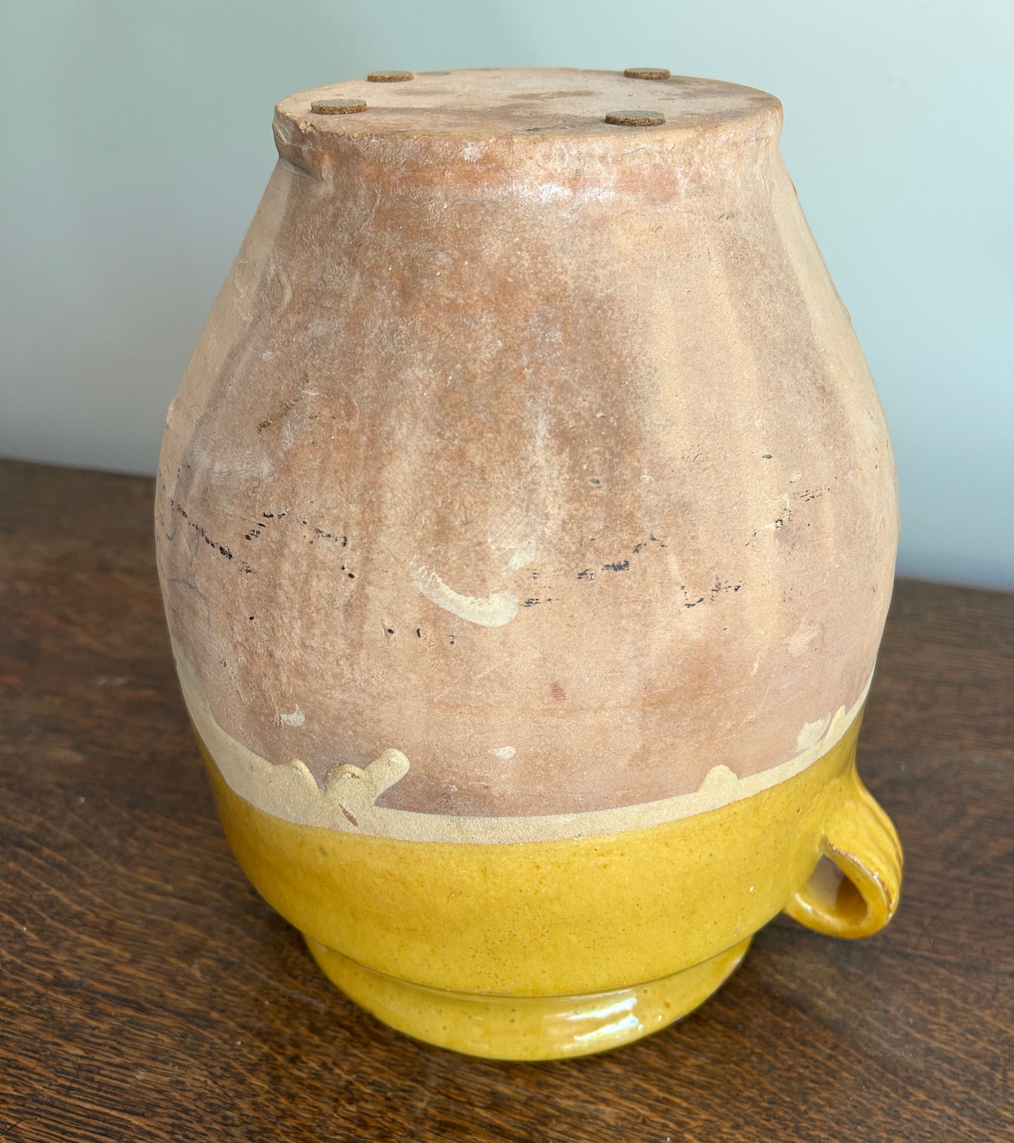 A 19th c. French Provincial Terra Cotta Yellow Ochre and Green Glazed Confit Jar