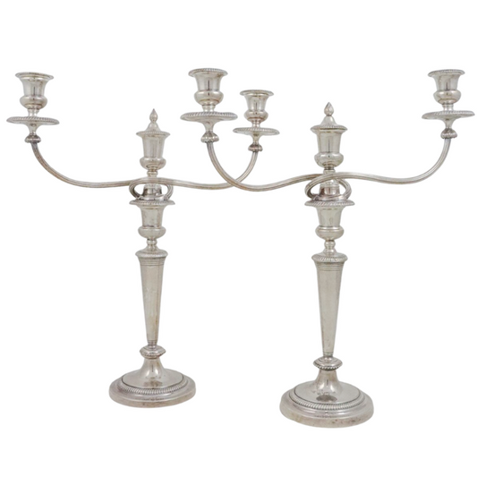 A pair of Neoclassical silverplate two-arm convertible candelabra