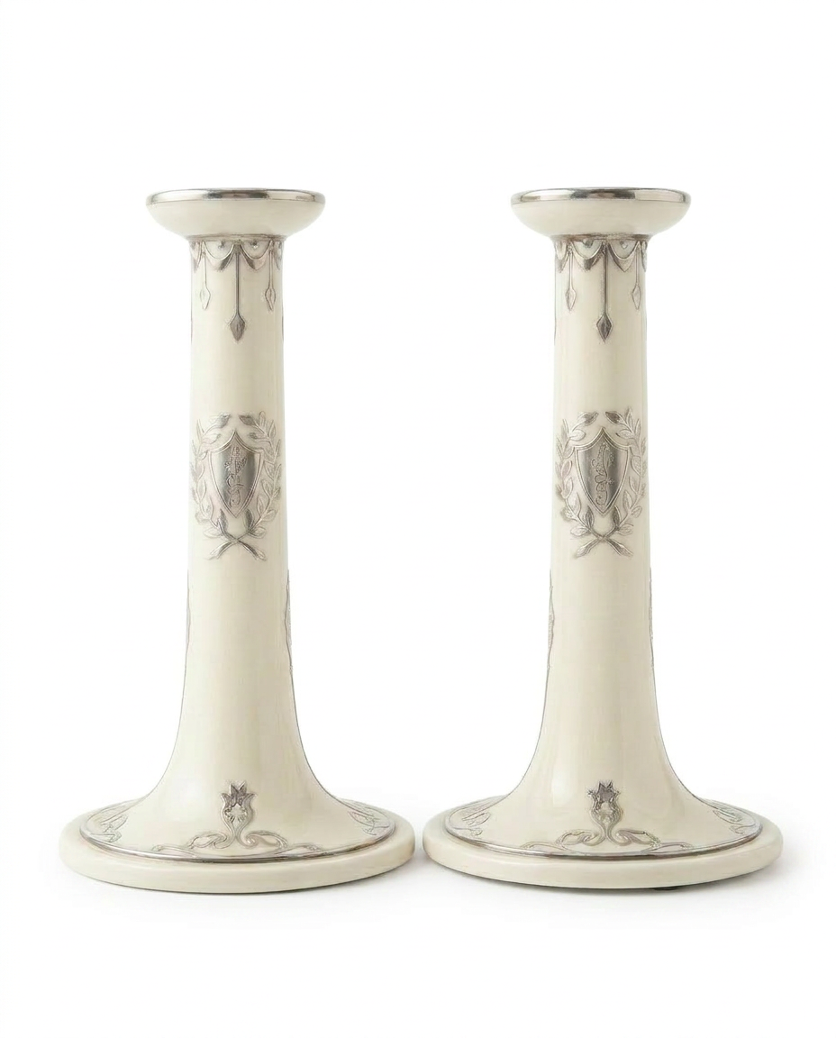 Pair of Vintage Lenox Belleek Porcelain Candlesticks with Sterling Silver Overlay
