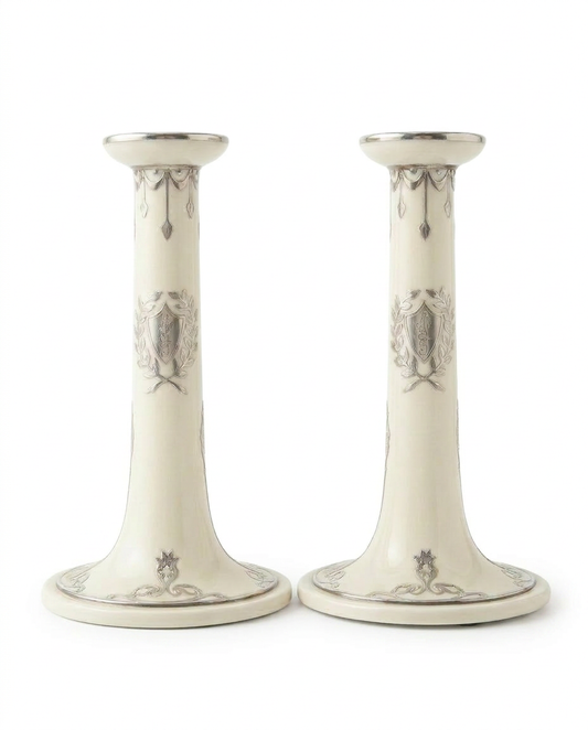 Pair of Lenox Belleek Porcelain Candlesticks with Sterling Silver Overlay
