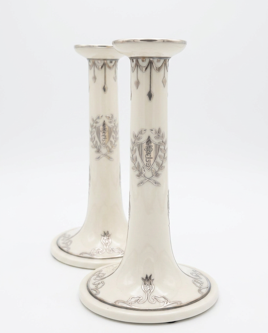 Pair of Vintage Lenox Belleek Porcelain Candlesticks with Sterling Silver Overlay