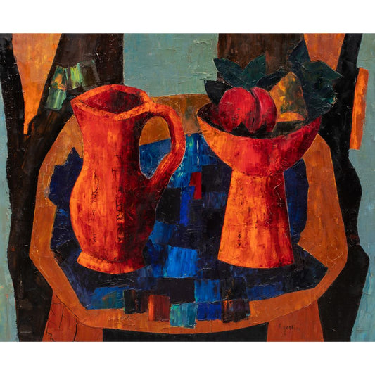 Tony Agostini Modernist Painting, Still Life With Pitcher, Vase and Fruit