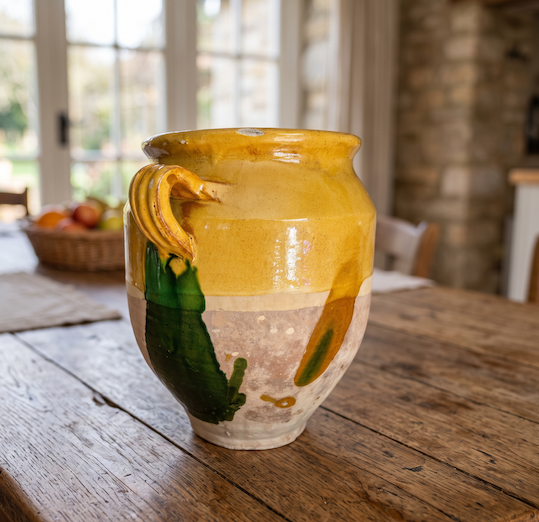 A 19th c. French Provincial Terra Cotta Yellow Ochre and Green Glazed Confit Jar