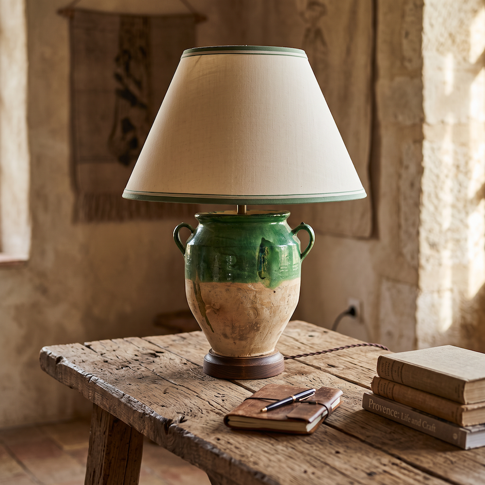 A 19th c. French Provincial Green Glazed Confit Jar, Converted to a Lamp