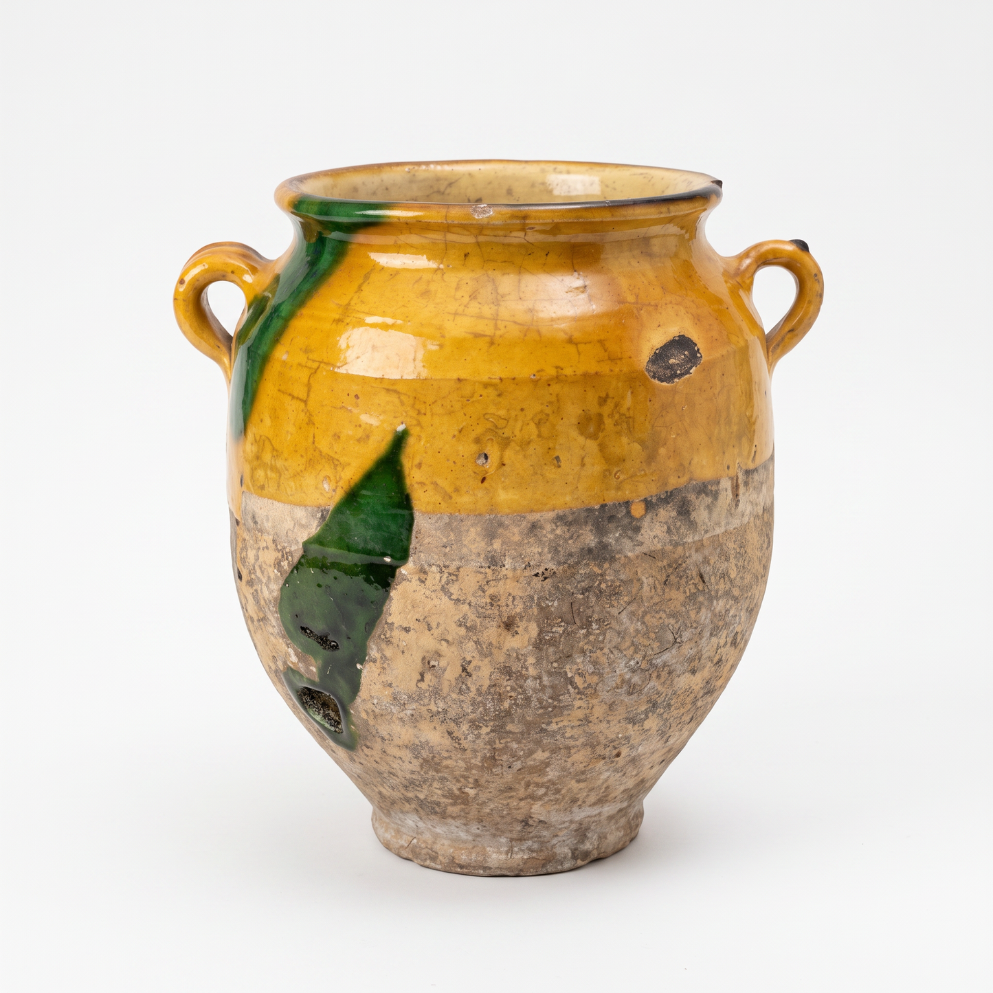 A 19th c. French Provincial Terra Cotta Yellow Ochre and Green Glazed Confit Jar