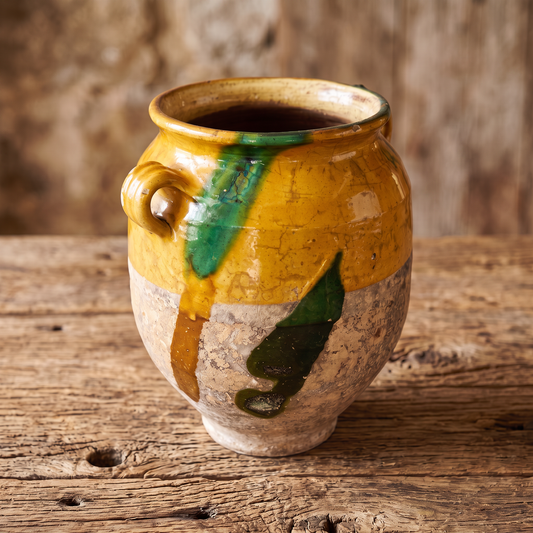 A 19th c. French Provincial Terra Cotta Yellow Ochre and Green Glazed Confit Jar
