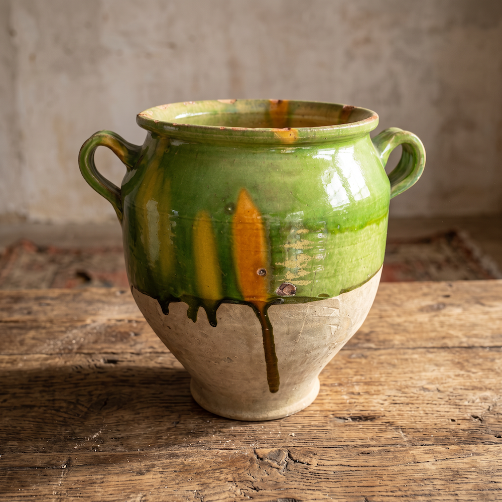 A 19th c. French Provincial Terra Cotta Green Glazed Confit Jar