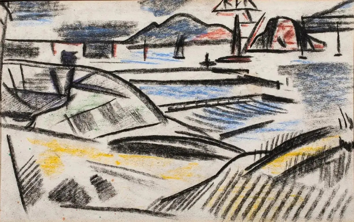 Erle Loran mixed media drawings of landscapes, set of 6