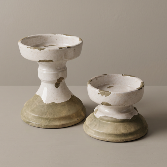 Two Rustic Crackle Glaze Pillar Candle Holders